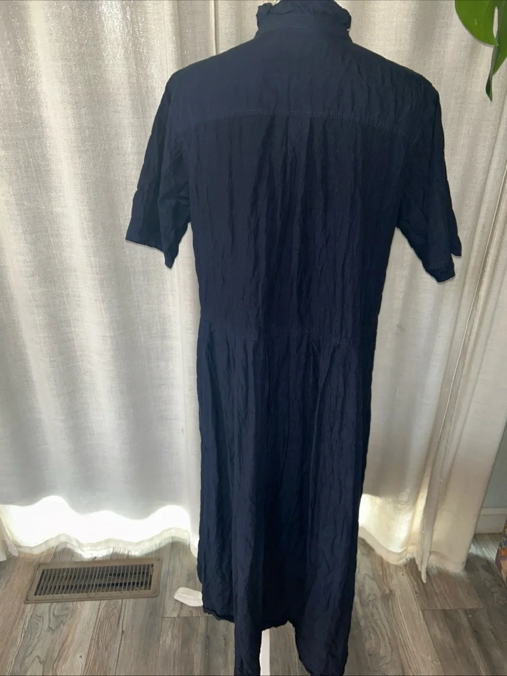 Pas De Calais Navy Blue Crinkle Button Front Midi Dress Size 40 US M - Picture 4 of 9